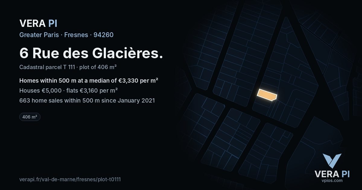 6 Rue des Glacières, Fresnes at night – the plot lit, the parcels around coloured by the prices near them