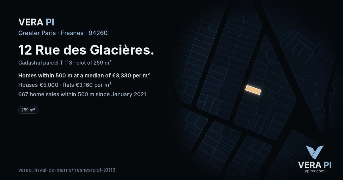 12 Rue des Glacières, Fresnes at night – the plot lit, the parcels around coloured by the prices near them