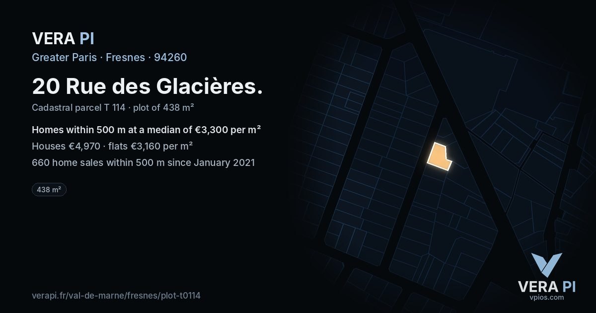 20 Rue des Glacières, Fresnes at night – the plot lit, the parcels around coloured by the prices near them