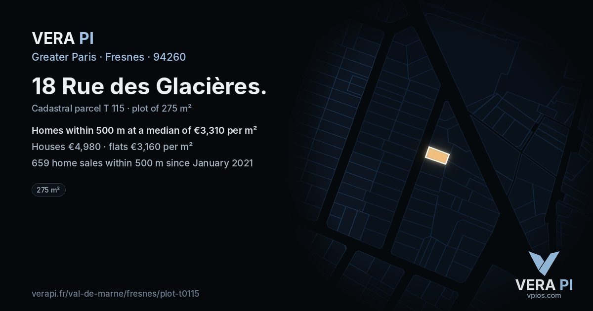 18 Rue des Glacières, Fresnes at night – the plot lit, the parcels around coloured by the prices near them