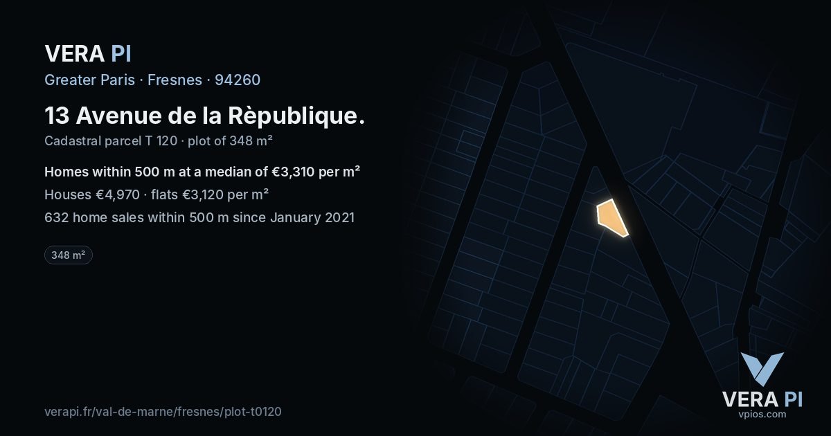 13 Avenue de la Rèpublique, Fresnes at night – the plot lit, the parcels around coloured by the prices near them