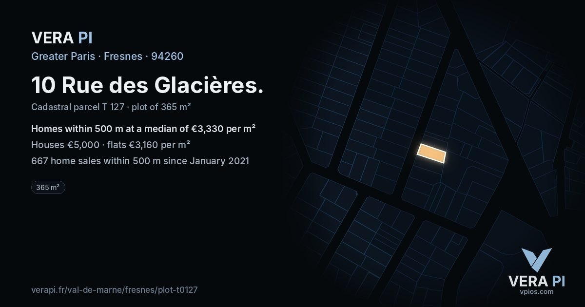10 Rue des Glacières, Fresnes at night – the plot lit, the parcels around coloured by the prices near them