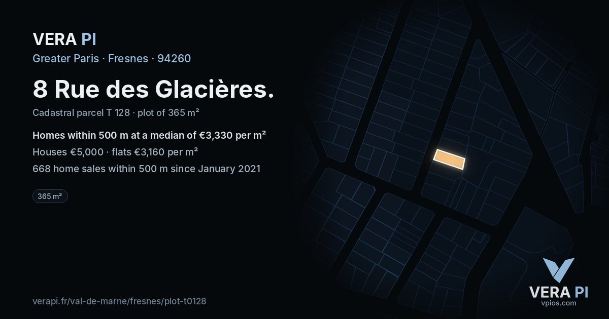 8 Rue des Glacières, Fresnes at night – the plot lit, the parcels around coloured by the prices near them