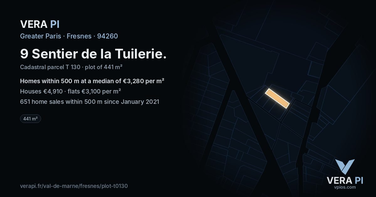 9 Sentier de la Tuilerie, Fresnes at night – the plot lit, the parcels around coloured by the prices near them