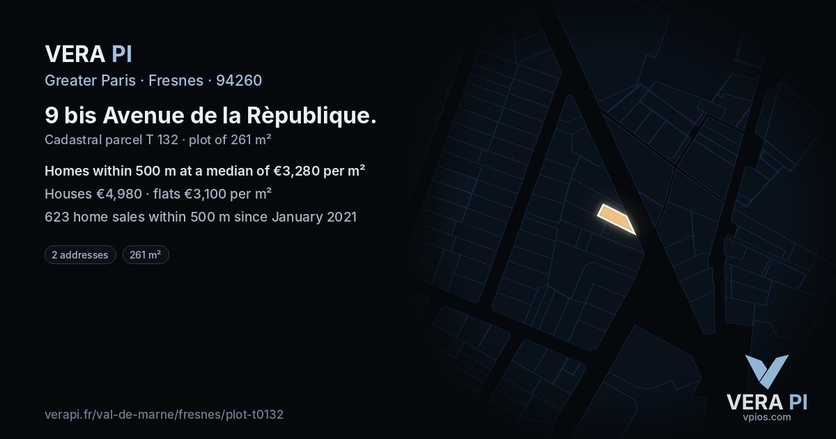 9 bis Avenue de la Rèpublique, Fresnes at night – the plot lit, the parcels around coloured by the prices near them