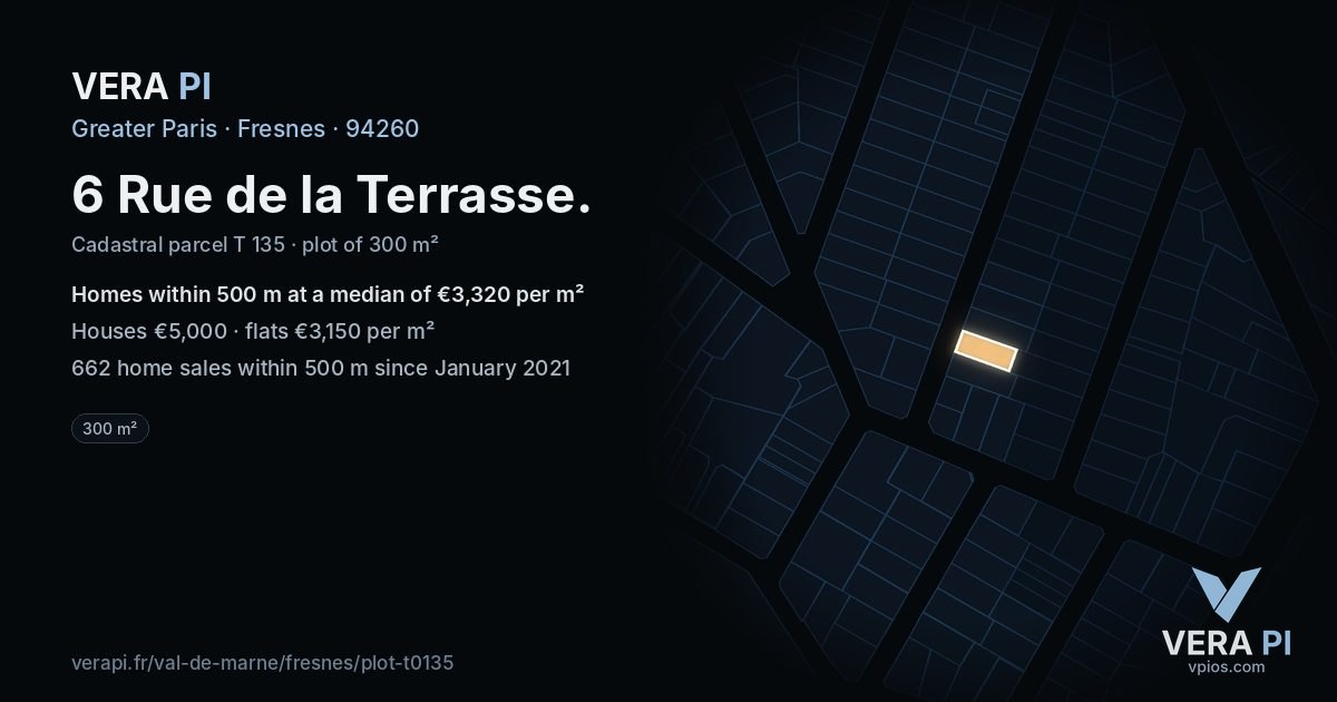 6 Rue de la Terrasse, Fresnes at night – the plot lit, the parcels around coloured by the prices near them