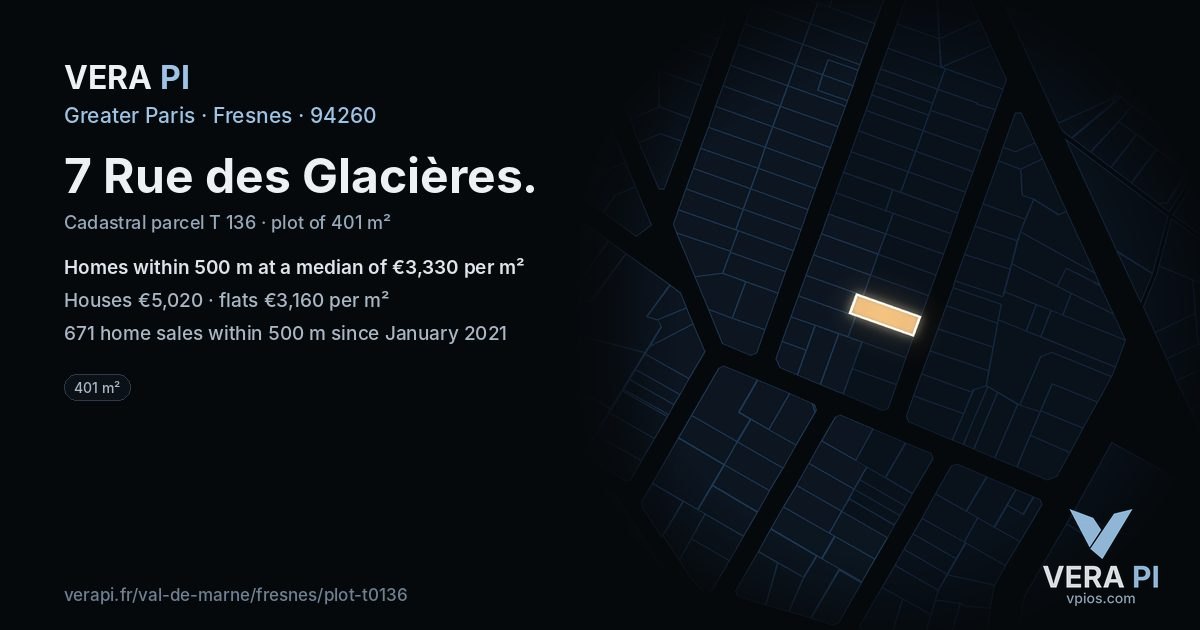7 Rue des Glacières, Fresnes at night – the plot lit, the parcels around coloured by the prices near them