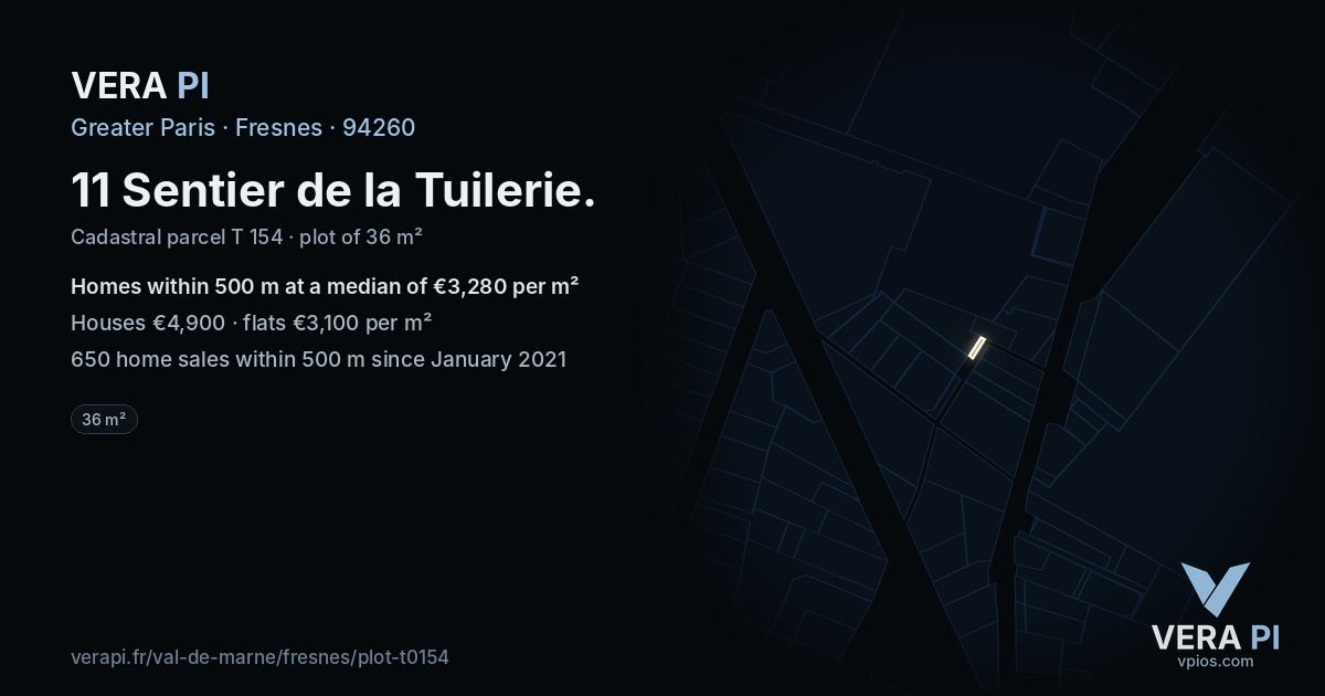 11 Sentier de la Tuilerie, Fresnes at night – the plot lit, the parcels around coloured by the prices near them