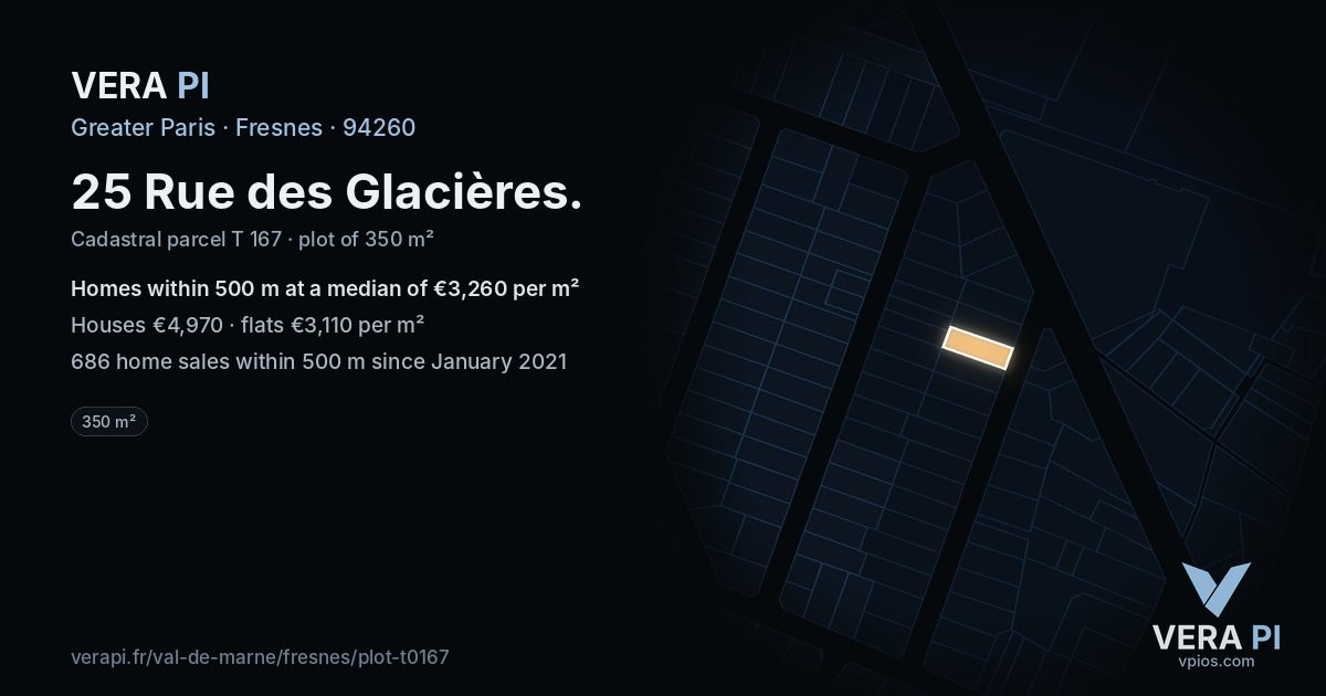 25 Rue des Glacières, Fresnes at night – the plot lit, the parcels around coloured by the prices near them