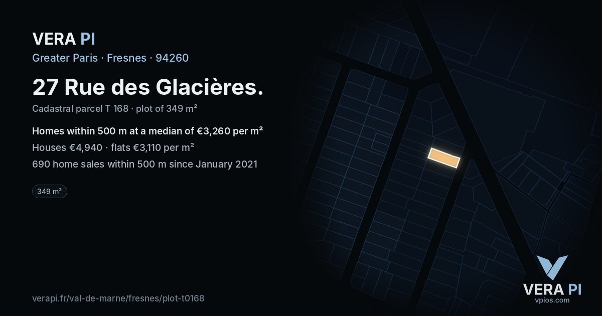 27 Rue des Glacières, Fresnes at night – the plot lit, the parcels around coloured by the prices near them