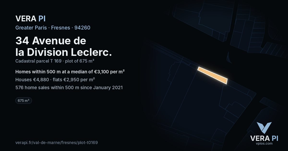 34 Avenue de la Division Leclerc, Fresnes at night – the plot lit, the parcels around coloured by the prices near them