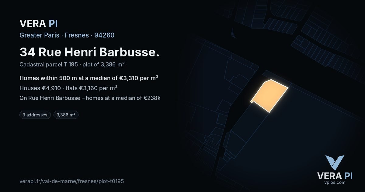 34 Rue Henri Barbusse, Fresnes at night – the plot lit, the parcels around coloured by the prices near them