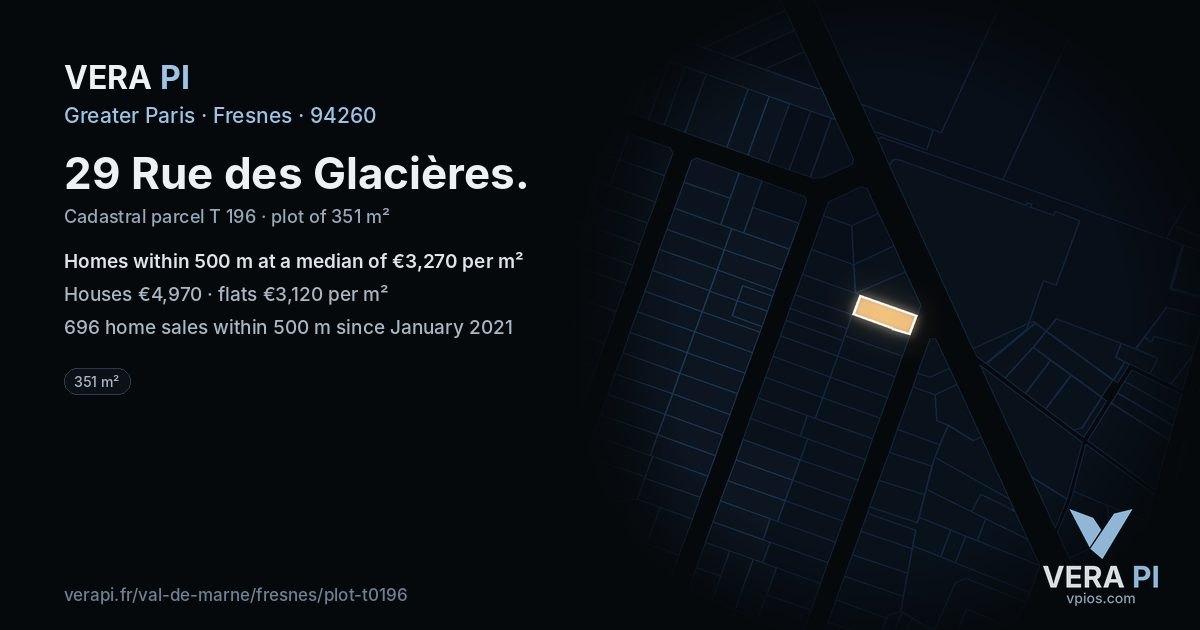 29 Rue des Glacières, Fresnes at night – the plot lit, the parcels around coloured by the prices near them