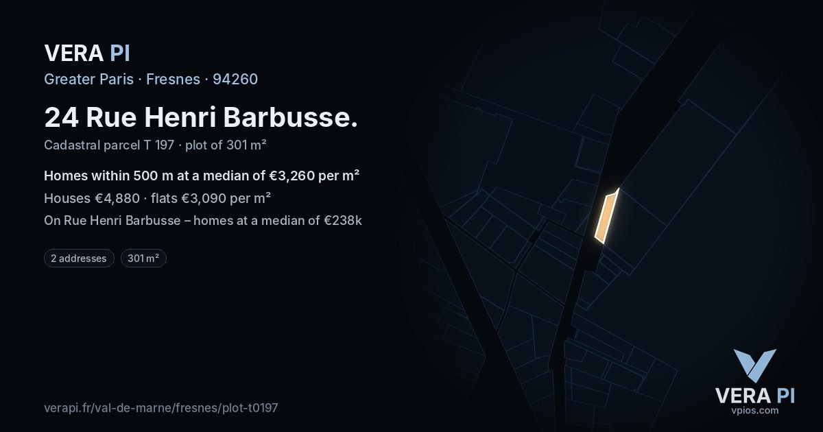 24 Rue Henri Barbusse, Fresnes at night – the plot lit, the parcels around coloured by the prices near them
