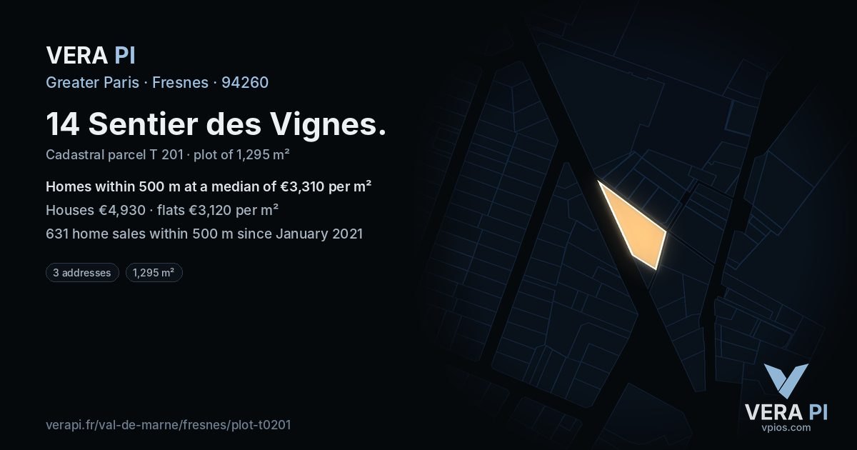 14 Sentier des Vignes, Fresnes at night – the plot lit, the parcels around coloured by the prices near them