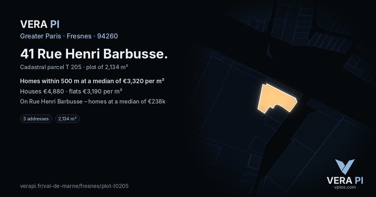 41 Rue Henri Barbusse, Fresnes at night – the plot lit, the parcels around coloured by the prices near them