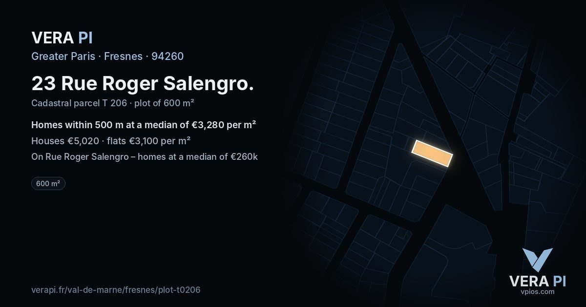 23 Rue Roger Salengro, Fresnes at night – the plot lit, the parcels around coloured by the prices near them