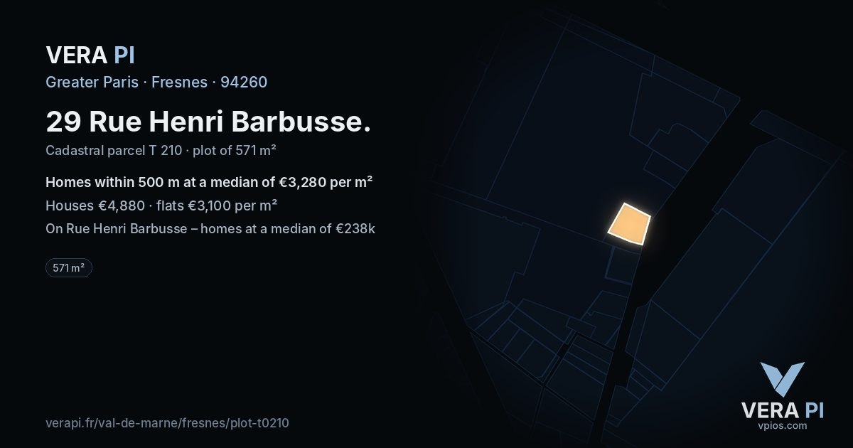 29 Rue Henri Barbusse, Fresnes at night – the plot lit, the parcels around coloured by the prices near them