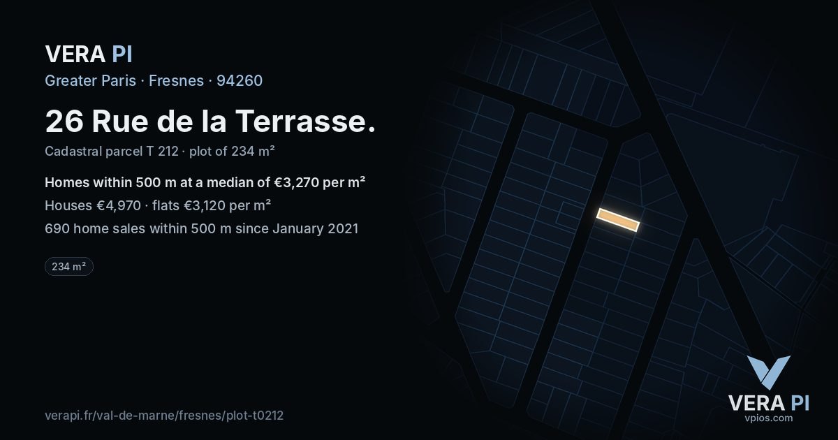 26 Rue de la Terrasse, Fresnes at night – the plot lit, the parcels around coloured by the prices near them
