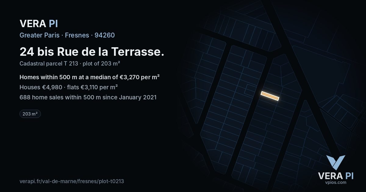 24 bis Rue de la Terrasse, Fresnes at night – the plot lit, the parcels around coloured by the prices near them