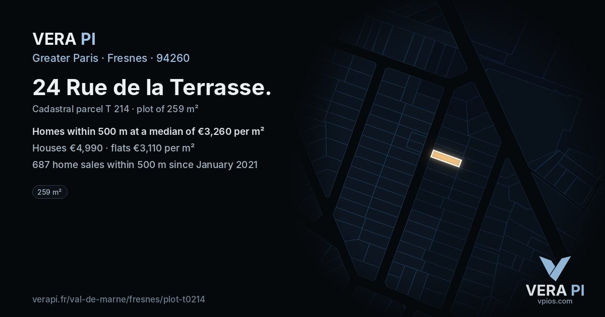 24 Rue de la Terrasse, Fresnes at night – the plot lit, the parcels around coloured by the prices near them