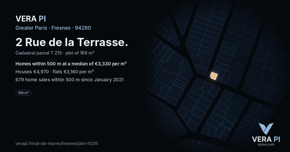 2 Rue de la Terrasse, Fresnes at night – the plot lit, the parcels around coloured by the prices near them