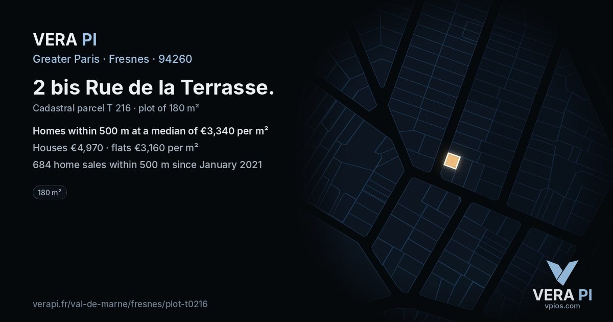 2 bis Rue de la Terrasse, Fresnes at night – the plot lit, the parcels around coloured by the prices near them