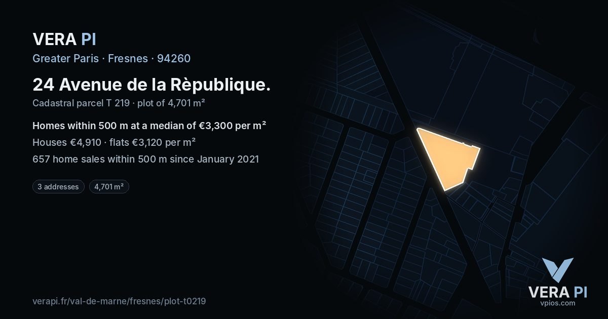 24 Avenue de la Rèpublique, Fresnes at night – the plot lit, the parcels around coloured by the prices near them