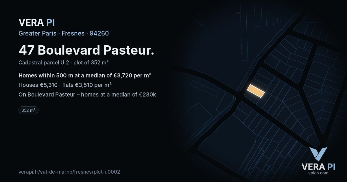 47 Boulevard Pasteur, Fresnes at night – the plot lit, the parcels around coloured by the prices near them