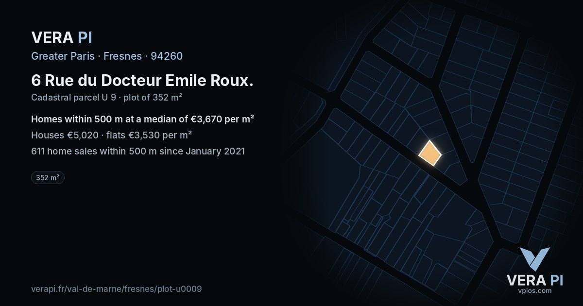6 Rue du Docteur Emile Roux, Fresnes at night – the plot lit, the parcels around coloured by the prices near them