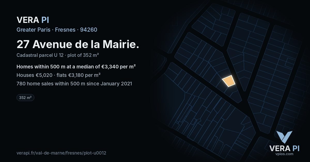 27 Avenue de la Mairie, Fresnes at night – the plot lit, the parcels around coloured by the prices near them