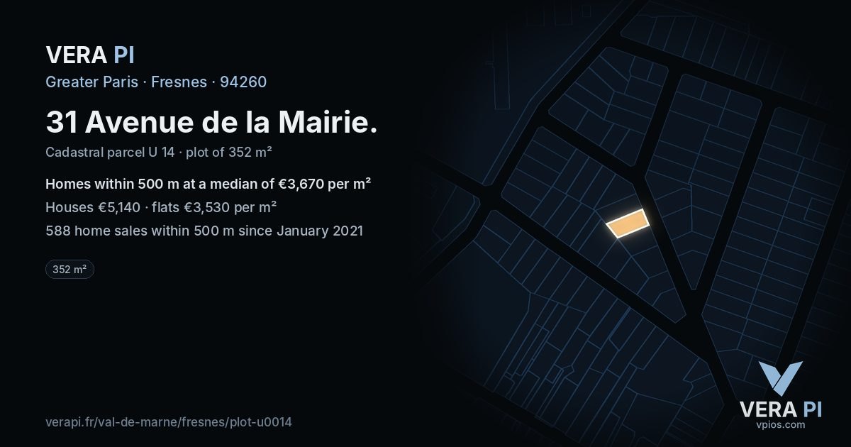 31 Avenue de la Mairie, Fresnes at night – the plot lit, the parcels around coloured by the prices near them