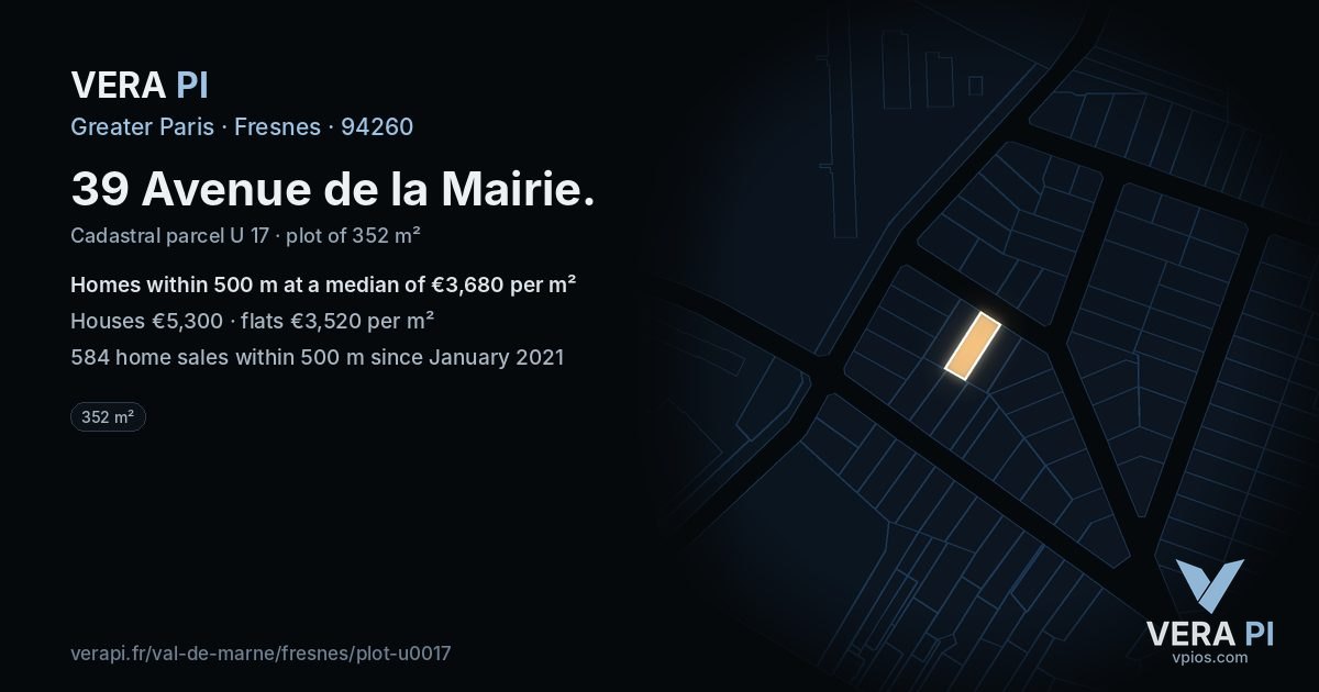 39 Avenue de la Mairie, Fresnes at night – the plot lit, the parcels around coloured by the prices near them