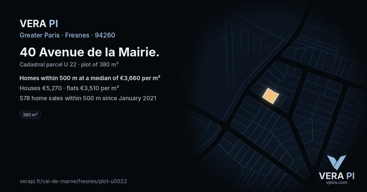 40 Avenue de la Mairie, Fresnes at night – the plot lit, the parcels around coloured by the prices near them