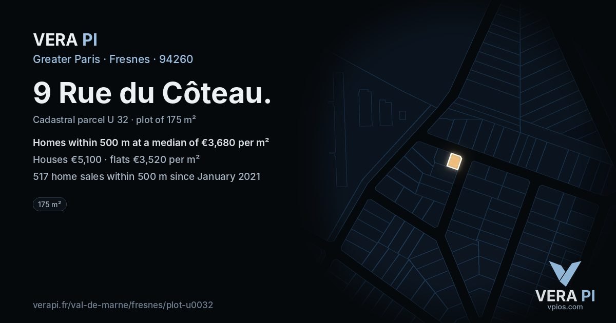 9 Rue du Côteau, Fresnes at night – the plot lit, the parcels around coloured by the prices near them