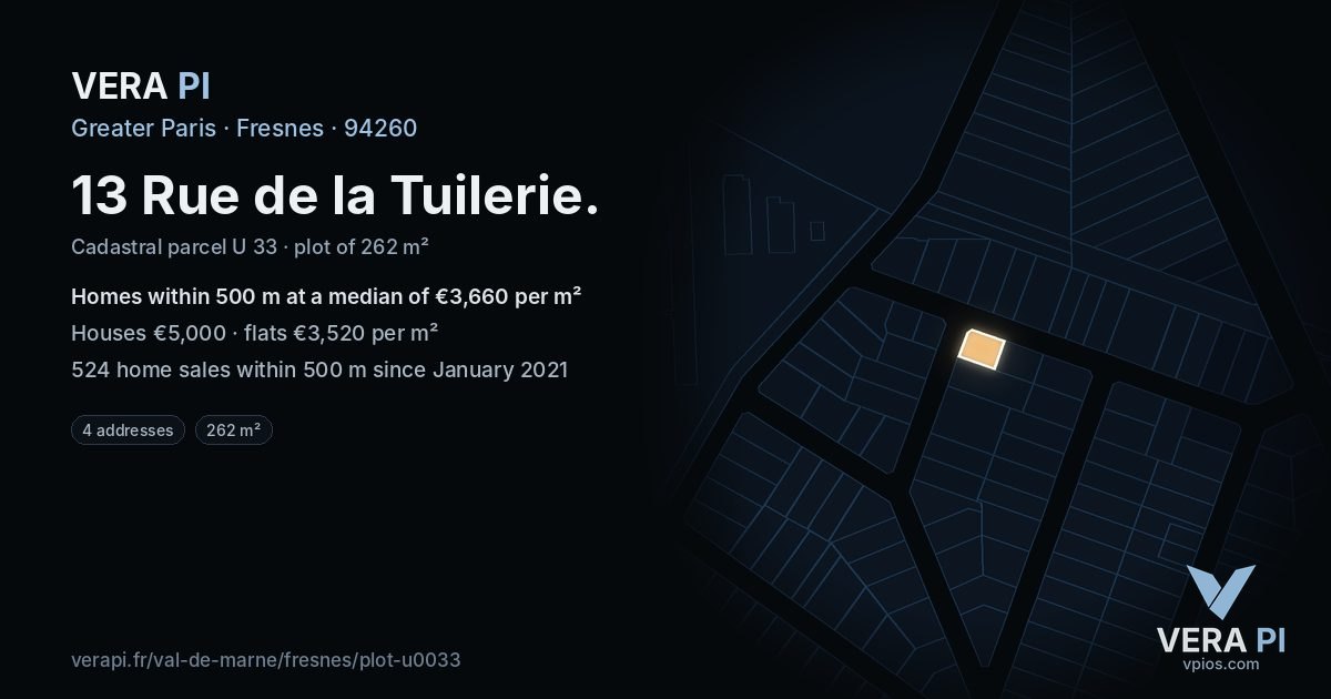 13 Rue de la Tuilerie, Fresnes at night – the plot lit, the parcels around coloured by the prices near them