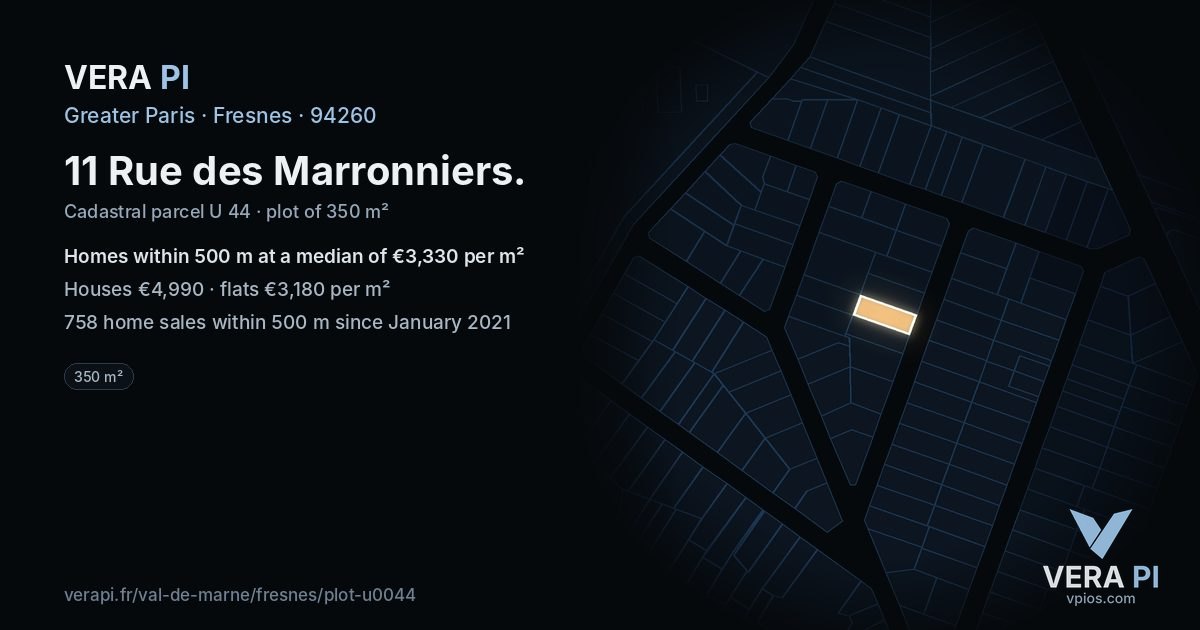 11 Rue des Marronniers, Fresnes at night – the plot lit, the parcels around coloured by the prices near them