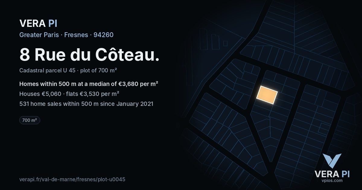 8 Rue du Côteau, Fresnes at night – the plot lit, the parcels around coloured by the prices near them