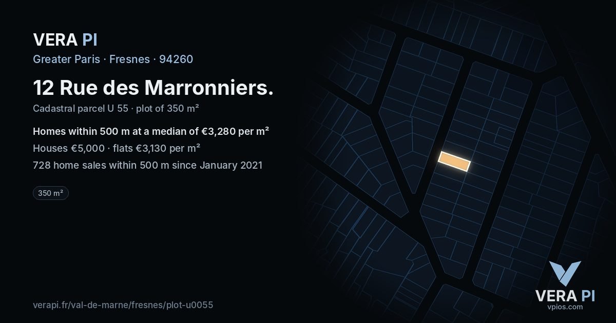 12 Rue des Marronniers, Fresnes at night – the plot lit, the parcels around coloured by the prices near them