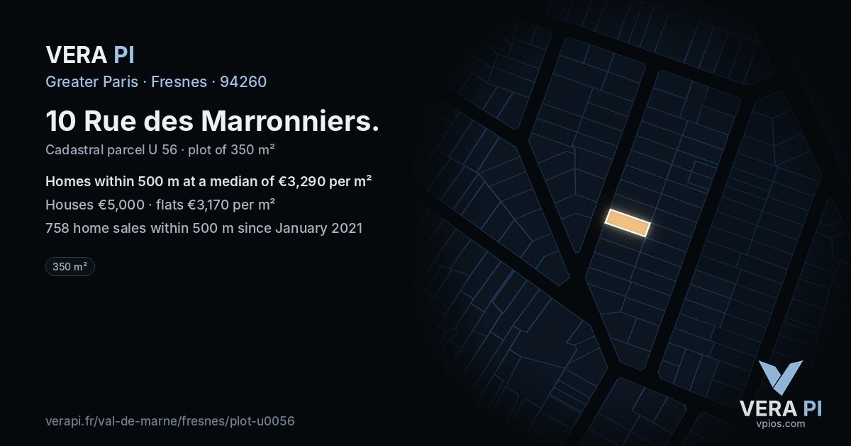 10 Rue des Marronniers, Fresnes at night – the plot lit, the parcels around coloured by the prices near them
