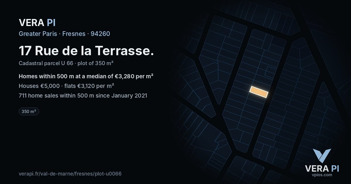 17 Rue de la Terrasse, Fresnes at night – the plot lit, the parcels around coloured by the prices near them