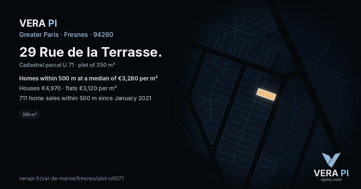 29 Rue de la Terrasse, Fresnes at night – the plot lit, the parcels around coloured by the prices near them