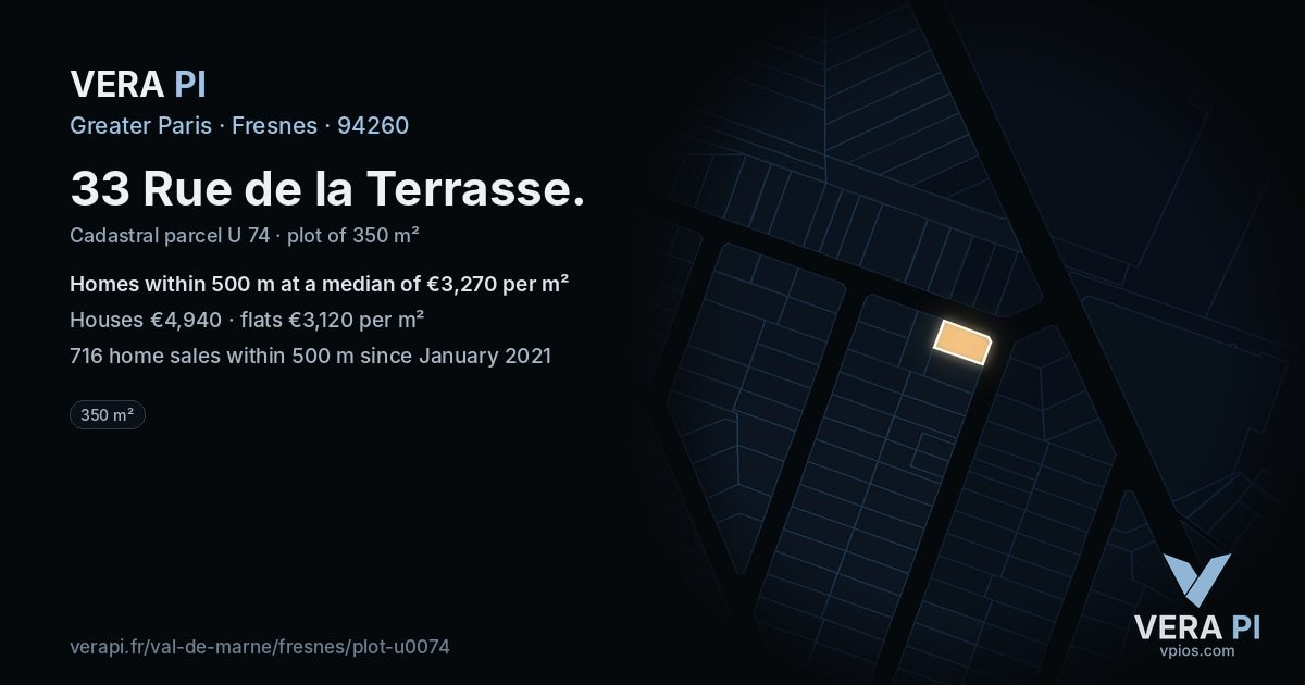 33 Rue de la Terrasse, Fresnes at night – the plot lit, the parcels around coloured by the prices near them