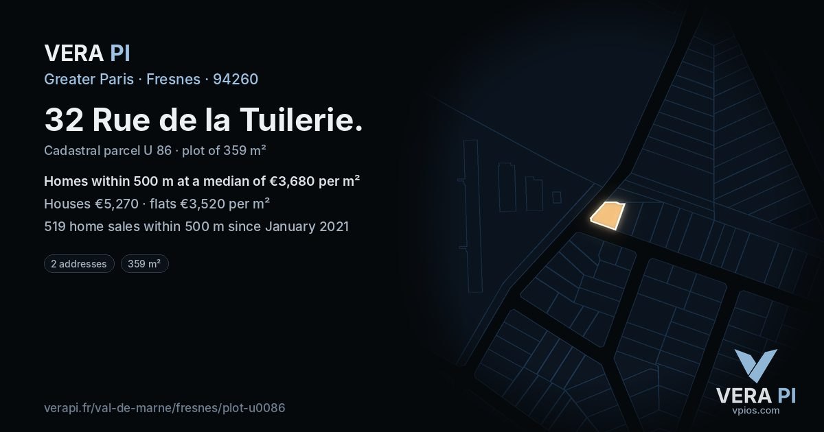 32 Rue de la Tuilerie, Fresnes at night – the plot lit, the parcels around coloured by the prices near them
