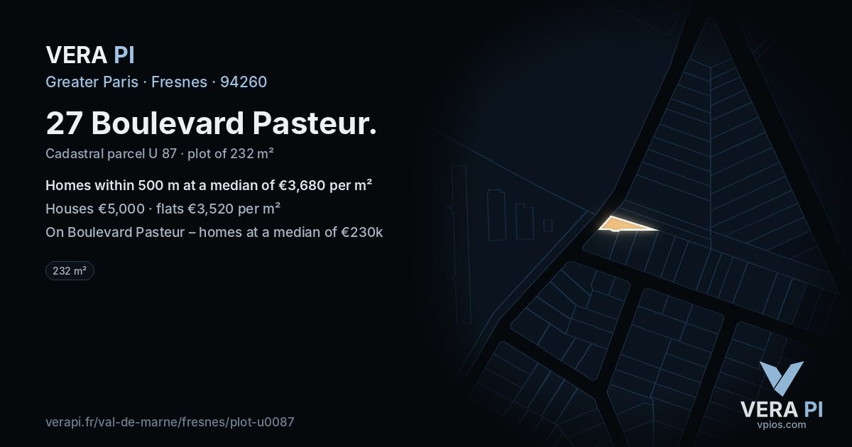 27 Boulevard Pasteur, Fresnes at night – the plot lit, the parcels around coloured by the prices near them