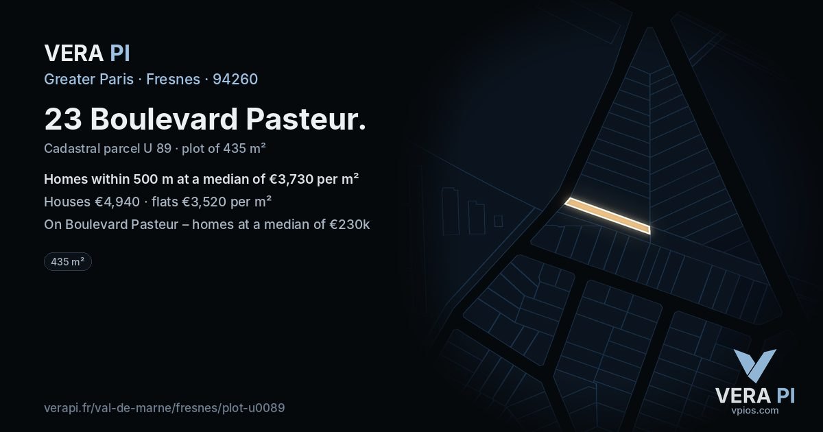 23 Boulevard Pasteur, Fresnes at night – the plot lit, the parcels around coloured by the prices near them