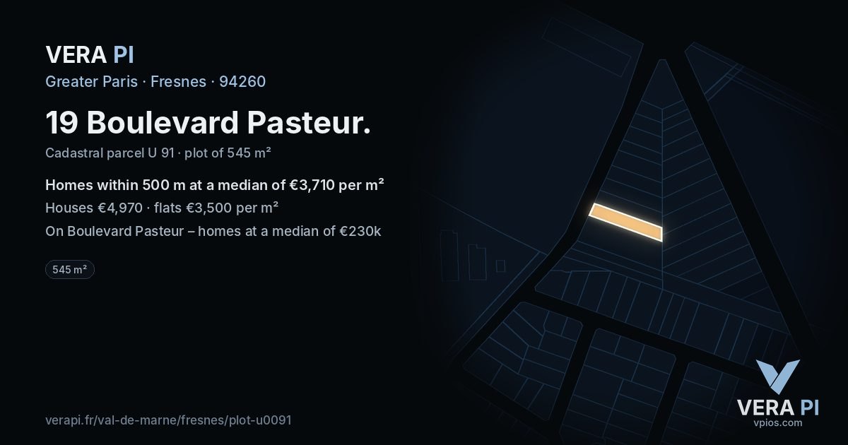 19 Boulevard Pasteur, Fresnes at night – the plot lit, the parcels around coloured by the prices near them