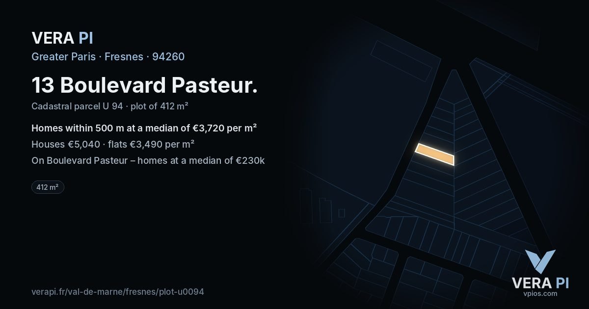 13 Boulevard Pasteur, Fresnes at night – the plot lit, the parcels around coloured by the prices near them