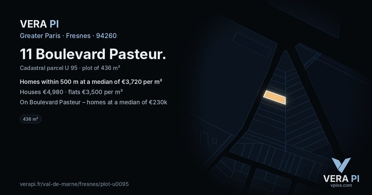 11 Boulevard Pasteur, Fresnes at night – the plot lit, the parcels around coloured by the prices near them