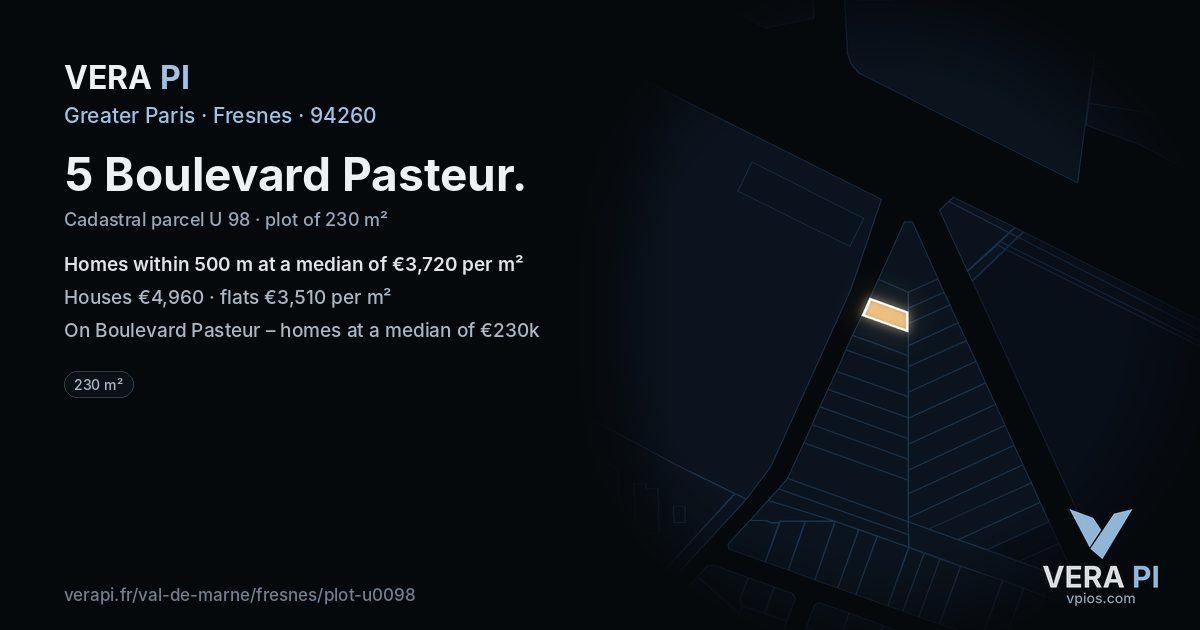 5 Boulevard Pasteur, Fresnes at night – the plot lit, the parcels around coloured by the prices near them